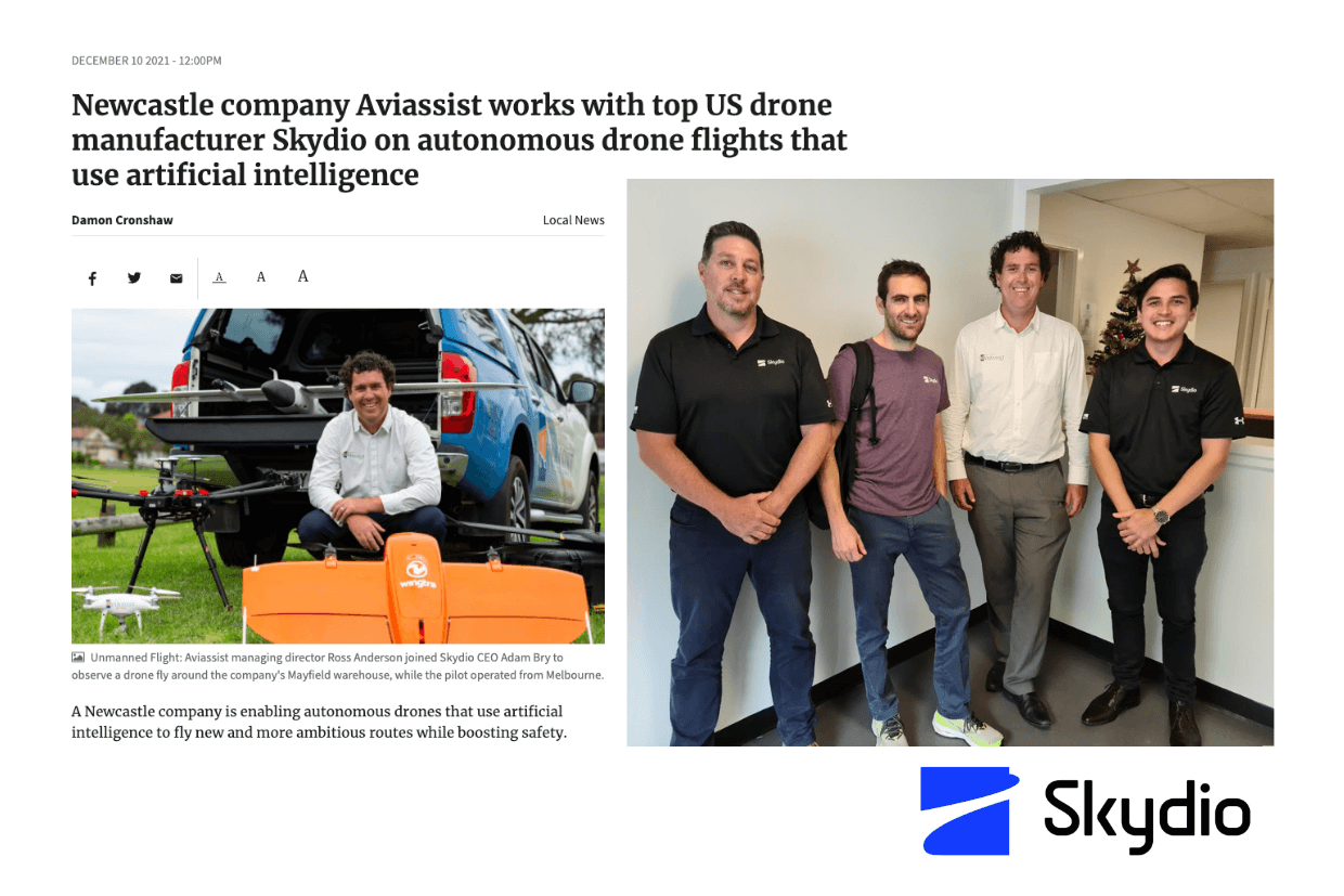 Online article screenshot from the Newcastle Herald and photograph of Skydio team and Aviassist in Newcastle